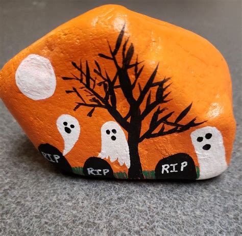 Halloween Painted Rock Ghosts Cemetary Full Moon Tree Graveyard