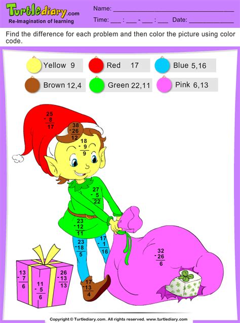 Color By Difference Elf Worksheet Turtle Diary