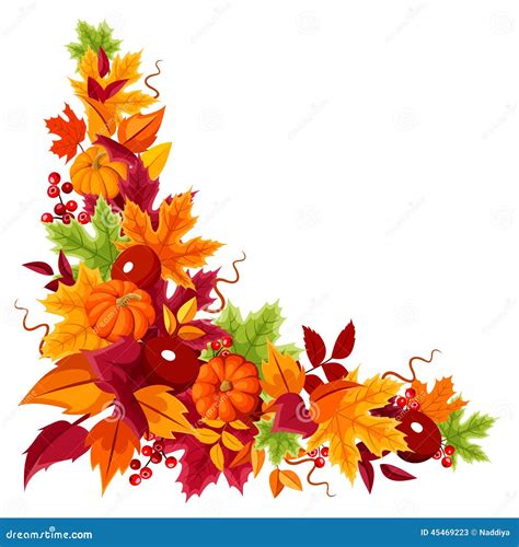 Corner Background With Pumpkins And Colorful Autumn Leaves Vector