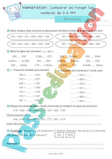 Comparer Et Ranger Les Nombres De 0 à 999 Exercices De Numération