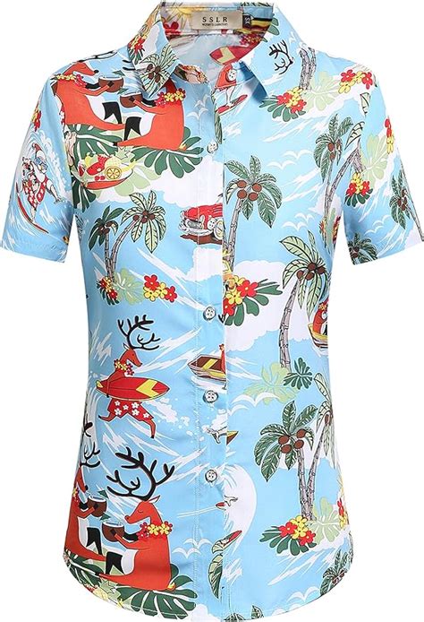 Sslr Womens Button Down Shirts Santa Claus Short Sleeve Blouse Hawaiian Christmas Shirts For