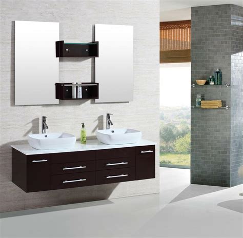 The clean, contemporary lines are enhanced by a crisp white vessel sink, high gloss white finished sides and nature wood drawer front finish. 60" Modern bathroom double vanities cabinet floating ...