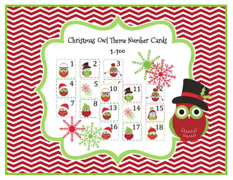 Christmas Owl Theme Number Cards 1 100 Preschool Printables