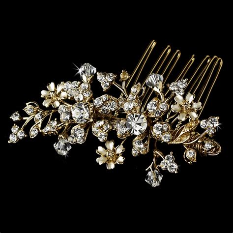 Black crystal studded curved hair claw clip hair clamp. Gold Floral Swarovski Crystal Bridal Hair Comb 8005