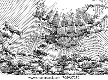 Blue sky ink drawing art. Clouded Sky View Sun Rays Black Stock Illustration ...