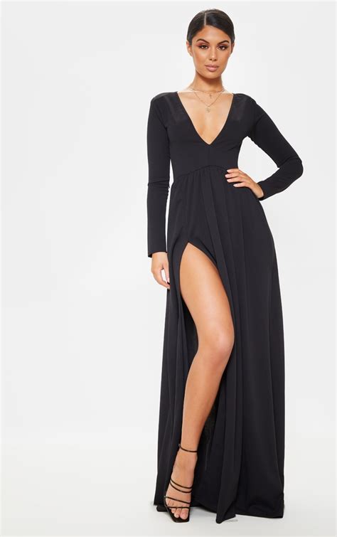Black Long Sleeve Plunge Maxi Dress Dresses Prettylittlething Ca