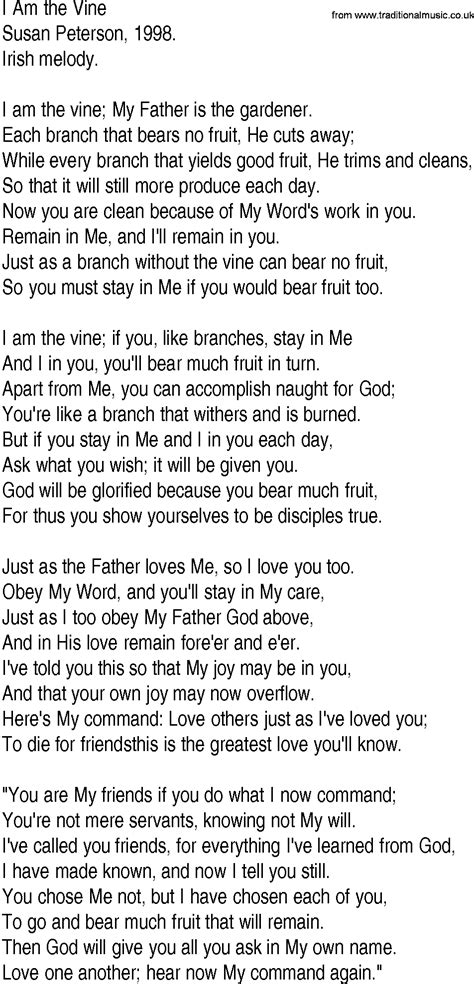Hymn And Gospel Song Lyrics For I Am The Vine By Susan Peterson