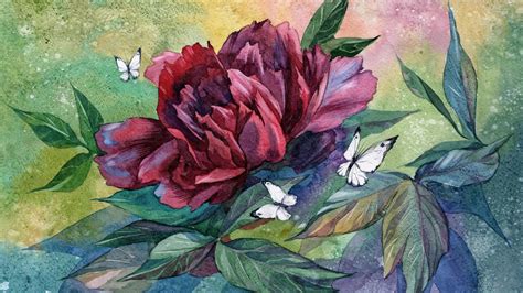 🥇 Paintings Nature Flowers Leaves Artwork Watercolor Peony Butterflies