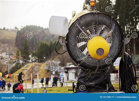 Snow Maker Machine Works Snow Gun Or Snow Cannon At Ski Slopes Resort