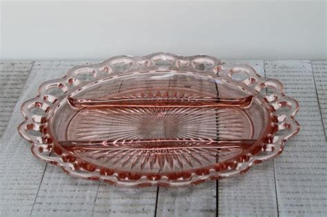 Vintage Pink Depression Glass Serving Tray Lace Edge Divided Relish Plate