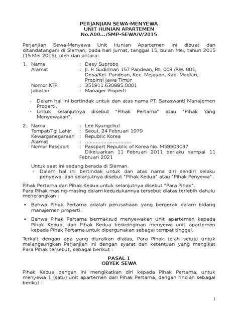 Contoh Surat Perjanjian Sewa Menyewa Apartemen Yang Baik