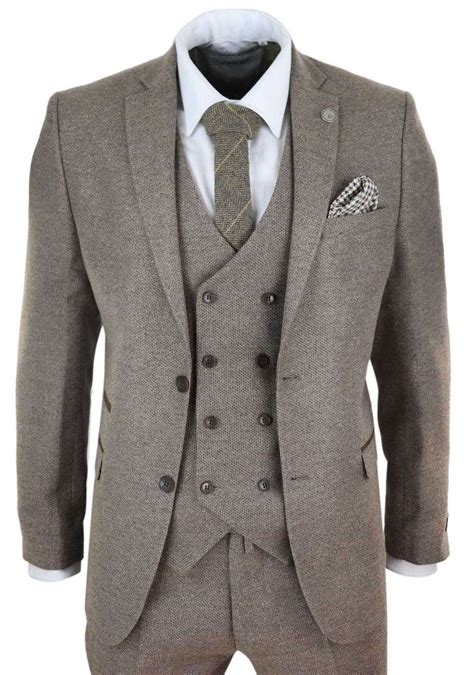 Mens Oak Brown 3 Piece Suit With Double Breasted Waistcoat Happy