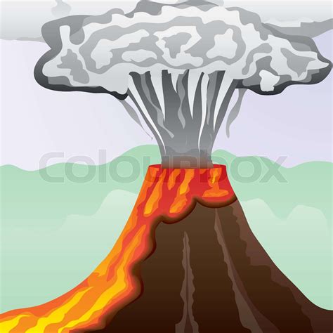 Fuming Volcano With Fiery Lava And Big Column Of Smoke Vector
