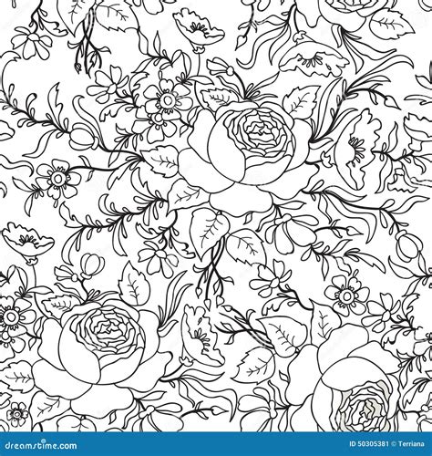 Floral Seamless Pattern Flower Outline Sketch Background Stock