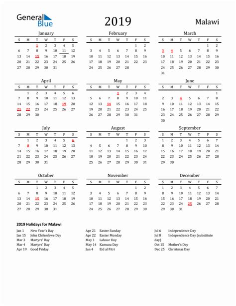 2019 Malawi Calendar With Holidays