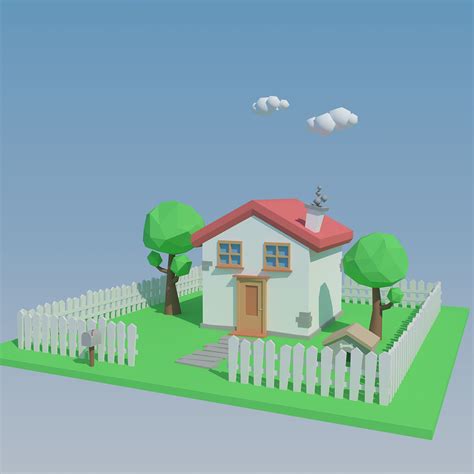 3d model low poly house with fence and trees vr ar low poly cgtrader