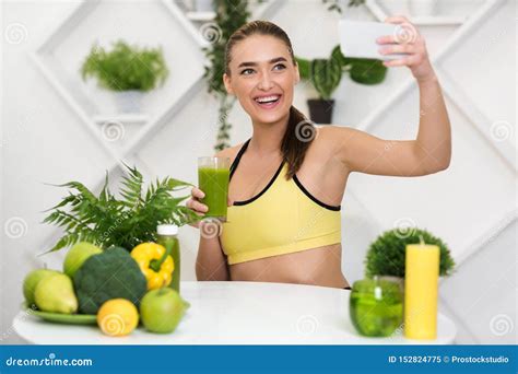 Sport Blogger Making Selfie With Smoothie Drink In Kitchen Stock Image Image Of Vitality