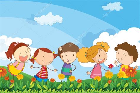 Cinco Adorables Niños Jugando En El Jardín — Vector De Stock 46122609