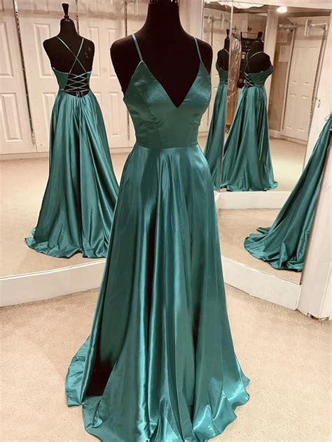 A Line V Neck Emerald Green Backless Satin Long Prom Dresses Emerald