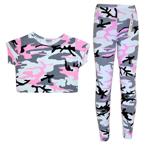 Girls Kids Pink Camouflage Print Crop Top Leggings Set 7 8 9 10 11 12