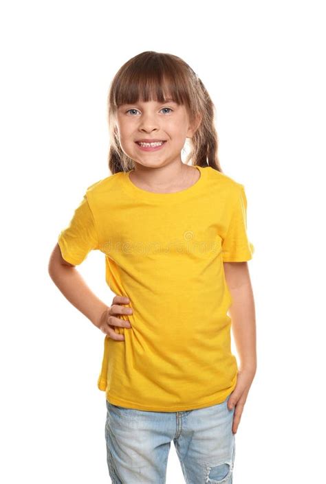 Little Girl In T Shirt Making Heart With Her Hands On White Background