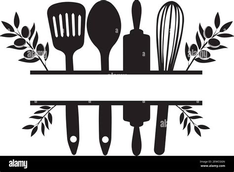 Vector Illustration Of Kitchen Split With Kitchen Utensils And Olive