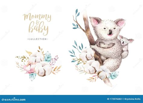 Watercolor Cute Cartoon Little Baby And Mom Koala With Floral Wreath