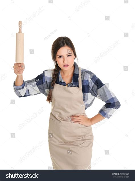 Young Angry Woman Rolling Pin Isolated Stock Photo 764134225 Shutterstock