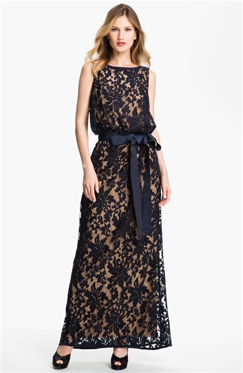 Tadashi Shoji Lace Overlay Blouson Gown In Black Navy Nude Lyst