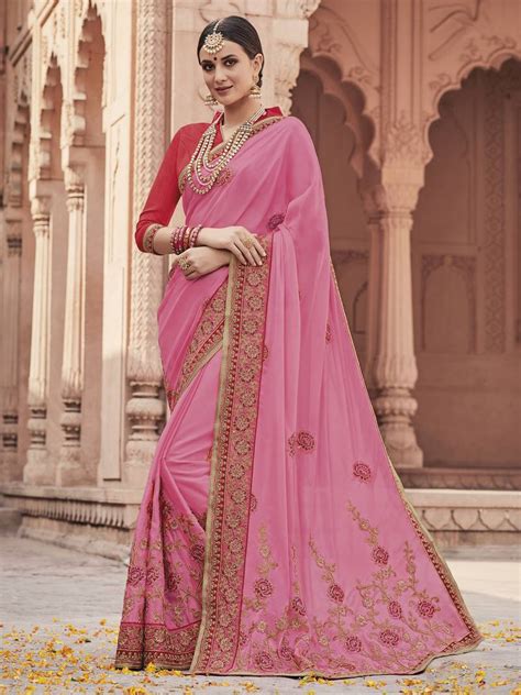 pink embroidered georgette saree with blouse shangrila designer 2630238