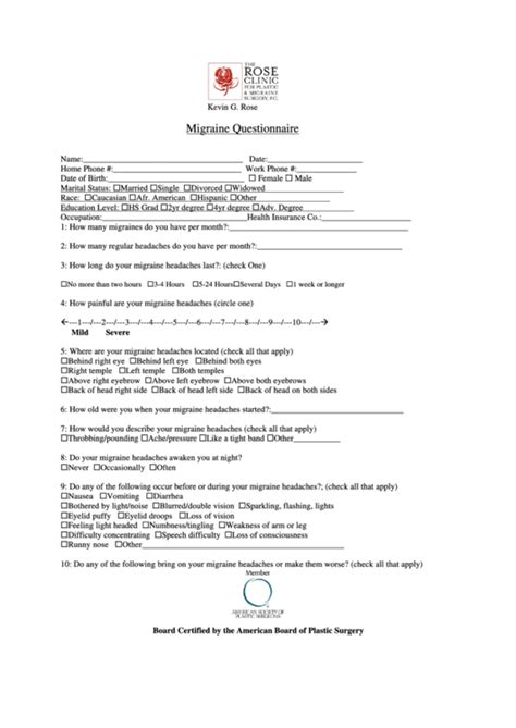 Fillable Migraine Questionnaire Template Printable Pdf Download