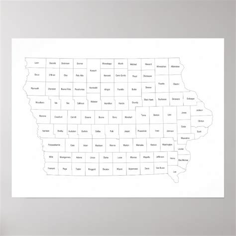 Iowa State Map With County Outlines And Names Poster Uk