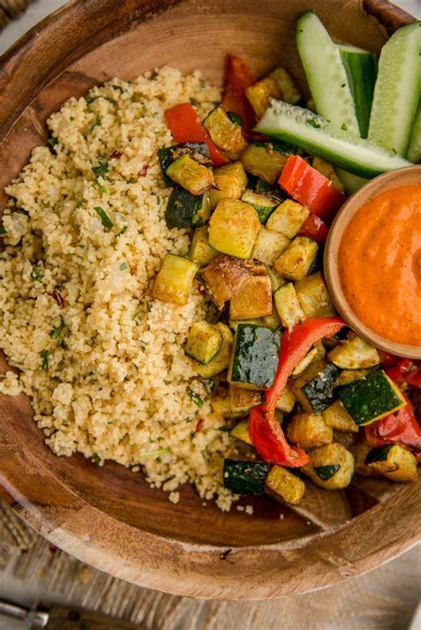 A delicious mediterranean salad cooked with an aromatic mix of spices and finished with creamy roasted eggplant, cooling yogurt and spicy harissa. Cous Cous, Roasted Veggies, and Homemade Harissa Bowls ...