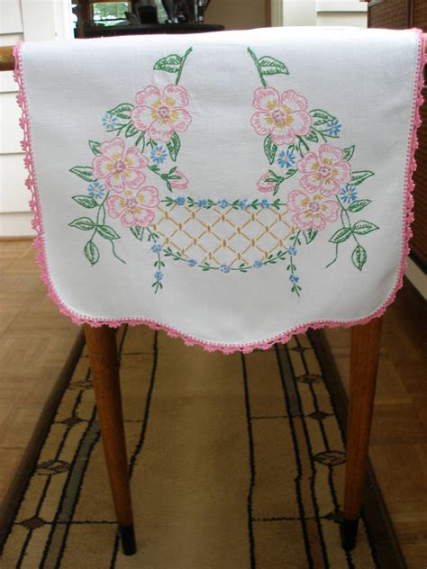 Vintage Hand Embroidered Table Runner Pink Flowers With Etsy