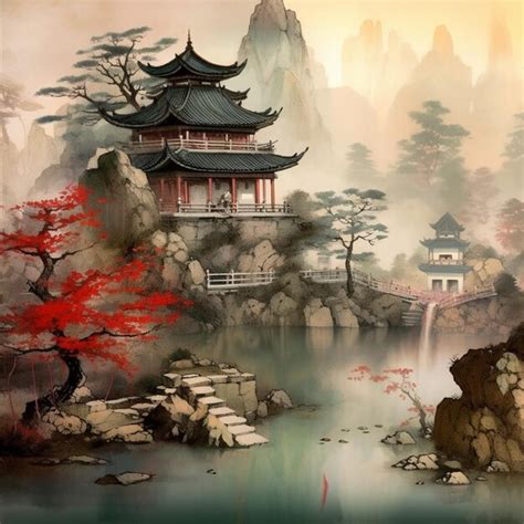 Premium Ai Image Painting Of A Pagoda And A Waterfall In A Mountain