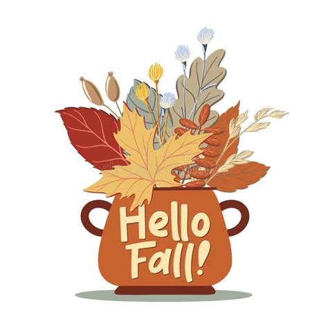 Pot Full Of Autumn Leaves With Hello Fall Text Stock Vector