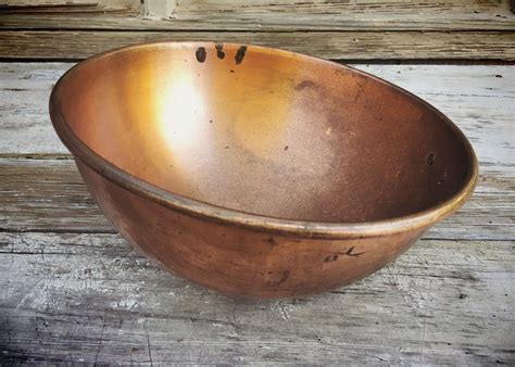 Vintage Round Solid Copper Bowl With Brass Handle French Style