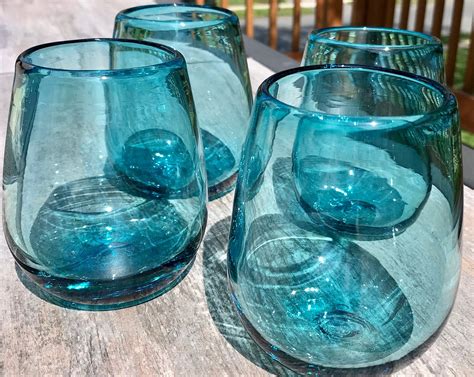 Turquoise Blue Stemless Wine Glasses Hand Blown Recycled Glass Etsy Uk