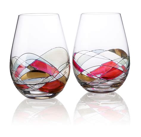 Bezrat Stemless Wine Glasses Set Of Two Hand Painted Large Premium R