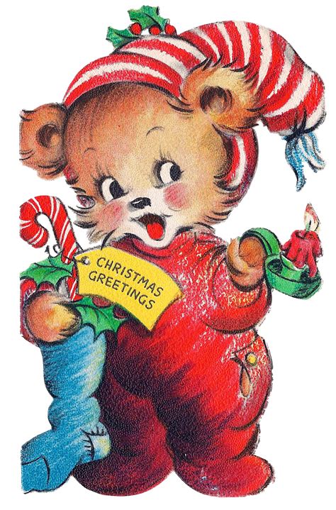 An Old Fashioned Christmas Card With A Teddy Bear Holding A Candy Cane