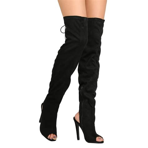 Qupid New Women Qupid Interest141 Faux Suede Thigh High Peep Toe Lace Up Stiletto Boot
