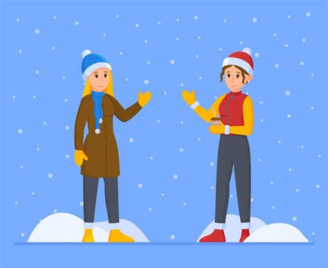 Vector Illustration Of Winter Women Two Girls Playing Snowballs On The