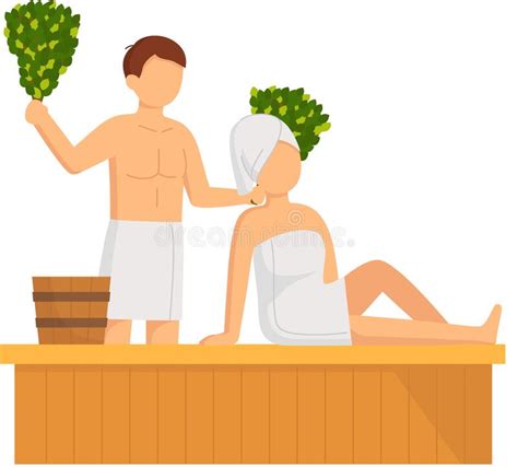 Sauna And Steam Room Man And Woman In Sauna People Relax And Steam With Birch Brooms In Banya