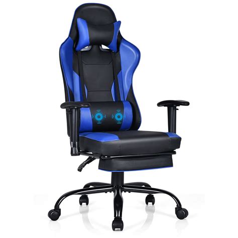 Gymax Massage Gaming Chair Racing Computer Task Chair Recliner Wfootrest Blue