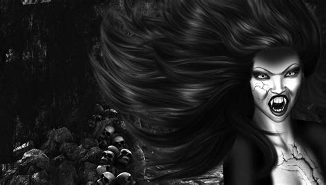 Fantasy Art Fantasy Girl Vampires Horror Monochrome Long Hair Wallpaper Resolution2560x1462