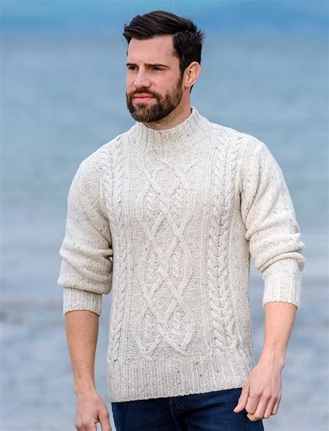 Wool Cashmere Aran Mock Turtleneck Sweater Sweaters Mens Knit