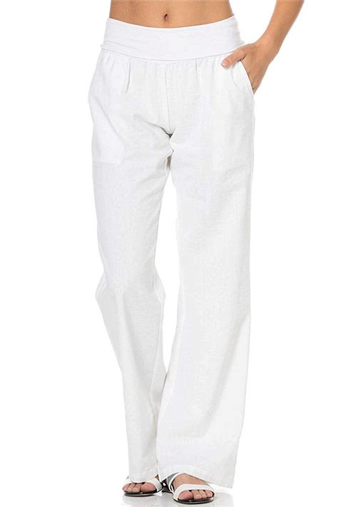 Poplooks Women S Comfy Fold Over Linen Pants Large White White