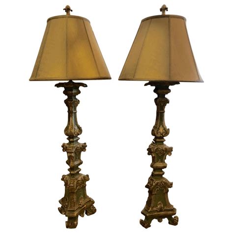 Romantic Very Tall Carved Wood And Gilded Italian Table Lamps At