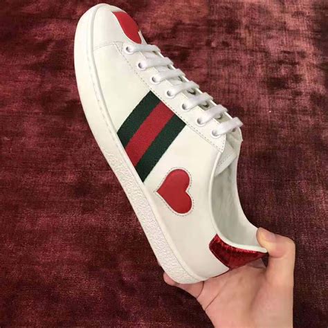Gucci Womens Ace Embroidered Sneaker With Two Leather Hearts In Rubber