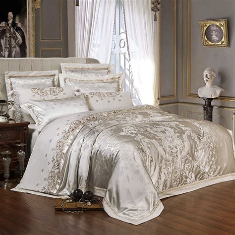 Sliver Gold Luxury Silk Satin Jacquard Duvet Cover Bedding Set Queen